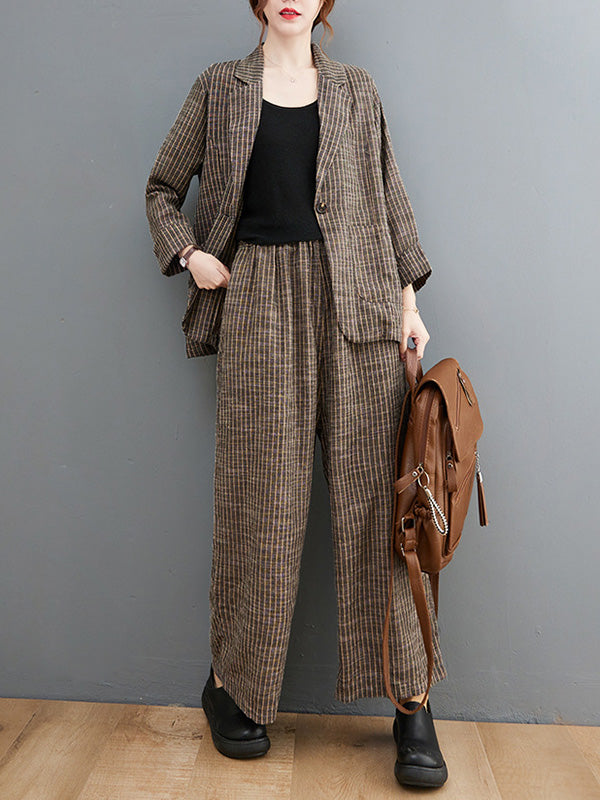 Vintage Ramie Cotton Notched Collar One Button Suits+Column Pants 2 Pieces Set