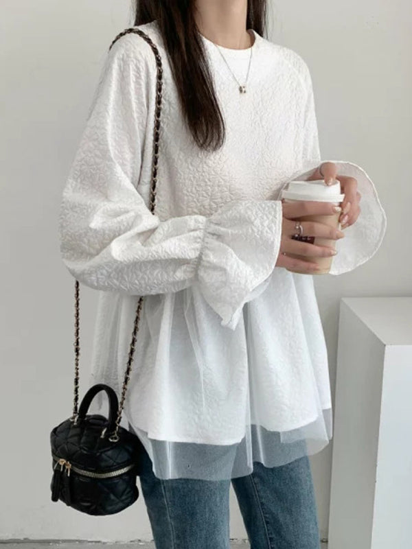 A-Line Flared Sleeves Elasticity Mesh Solid Color Split-Joint Round-Neck Blouses&Shirts Tops