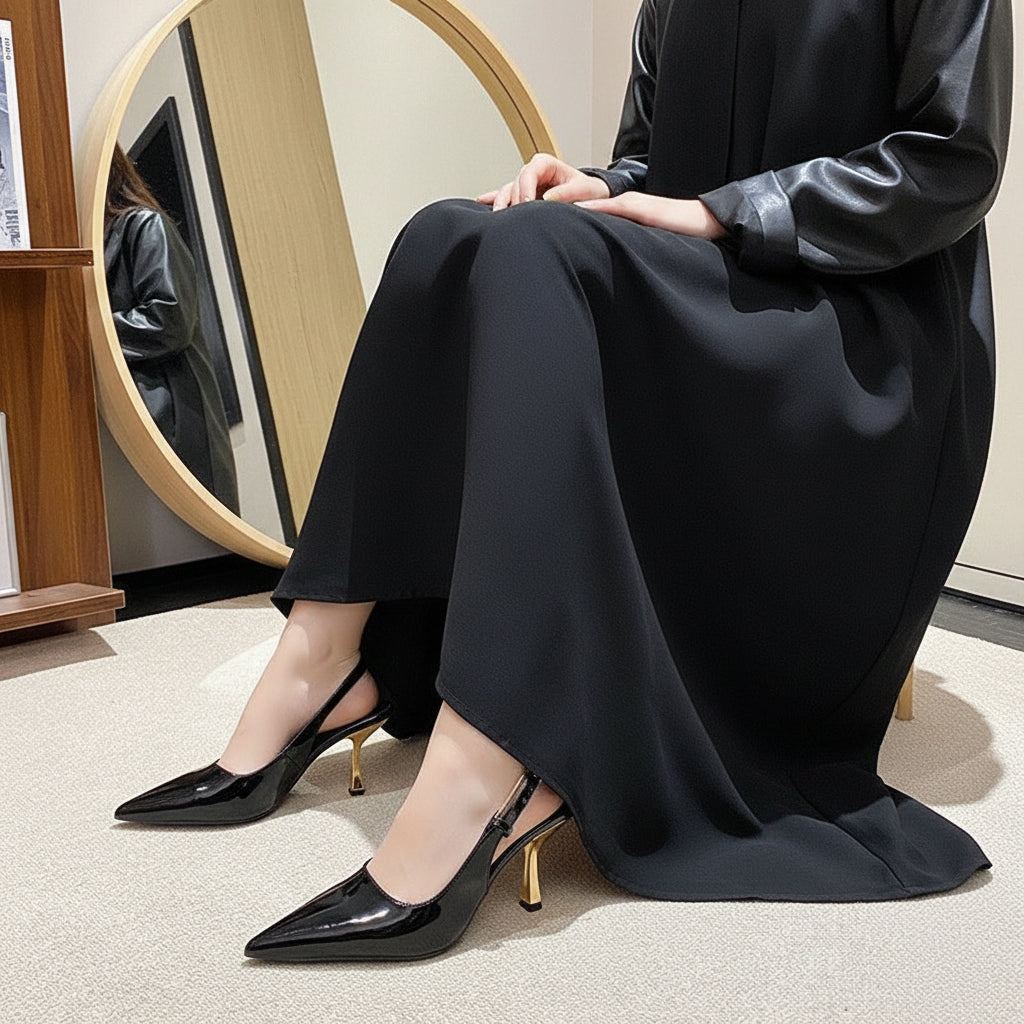 Women's Pointed-Toe Stiletto Sandals | Low Heel Slip-On Dress Shoes in Black, Nude & Red