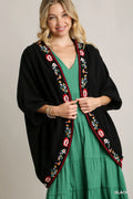 Embroidery Open Front Kimono with Pleated Shoulder Detail