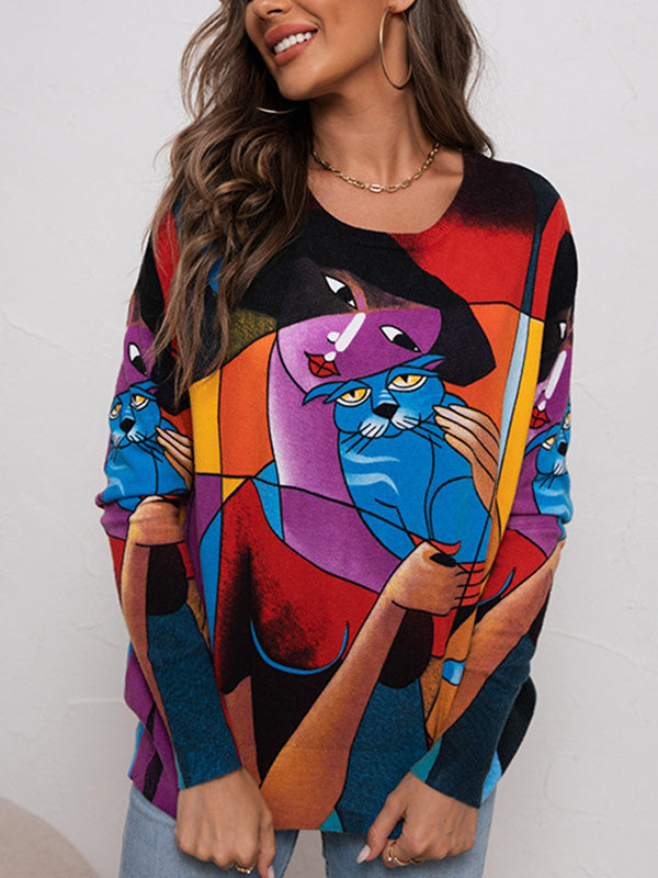 Long Sleeves Loose Animal Printed Figure Round-Neck Knitwear Pullovers Sweater Tops