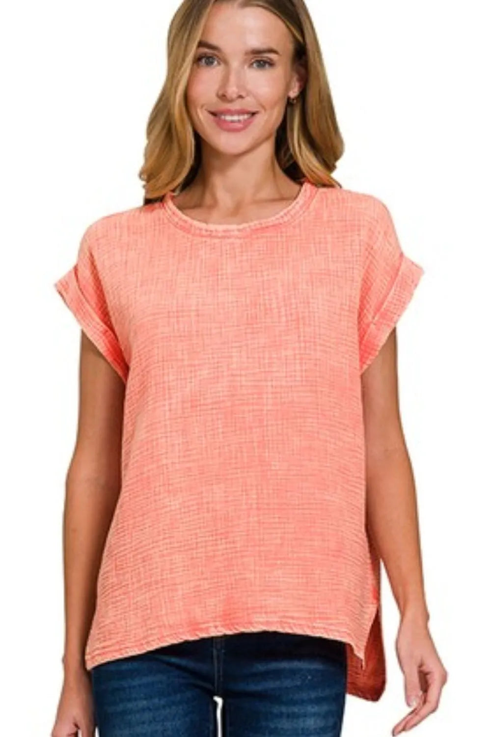 Woven Double Gauze Acid Washed Short Sleeve Top