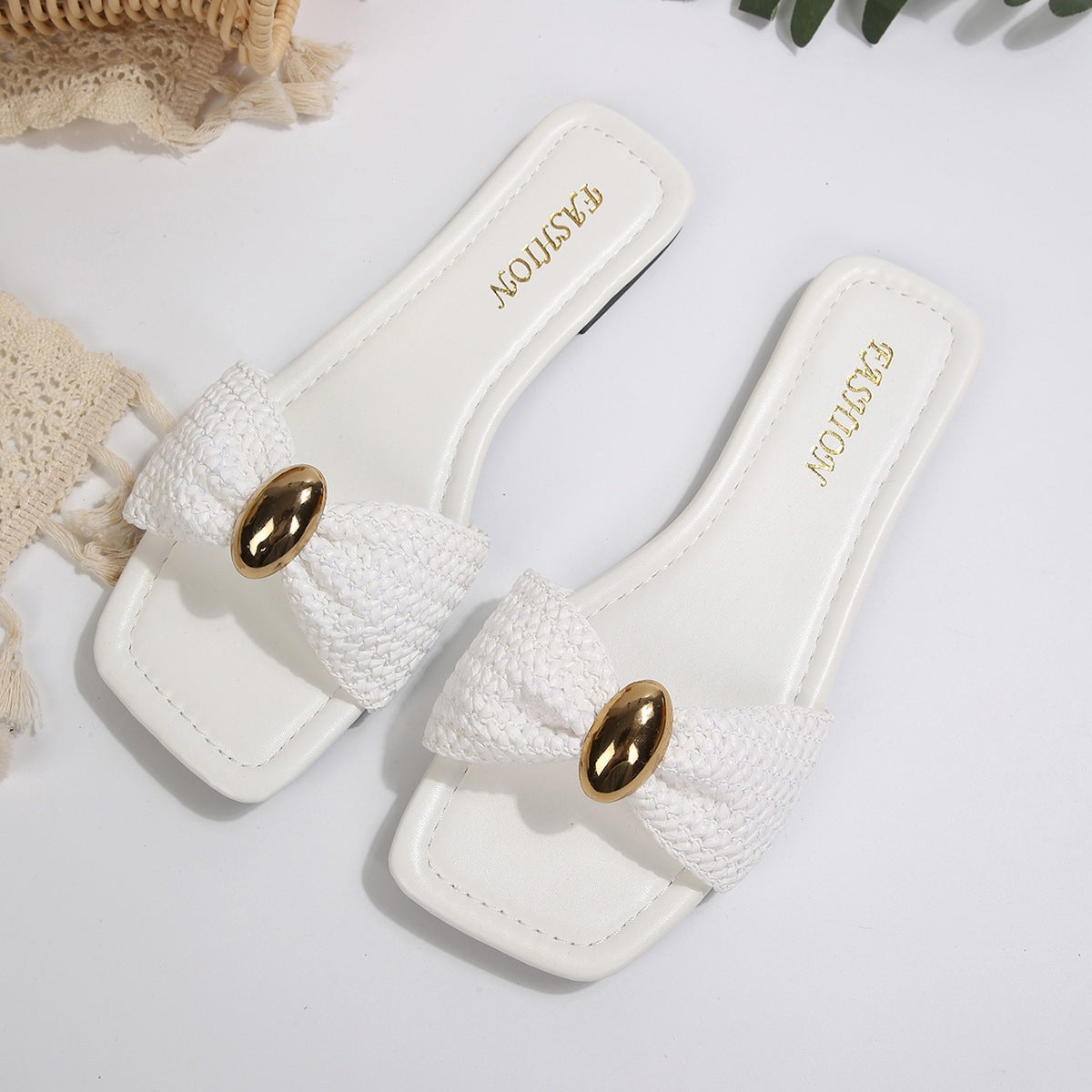 Women's Knit Slip-On Slides | Breathable Metal Detail Casual Sandals