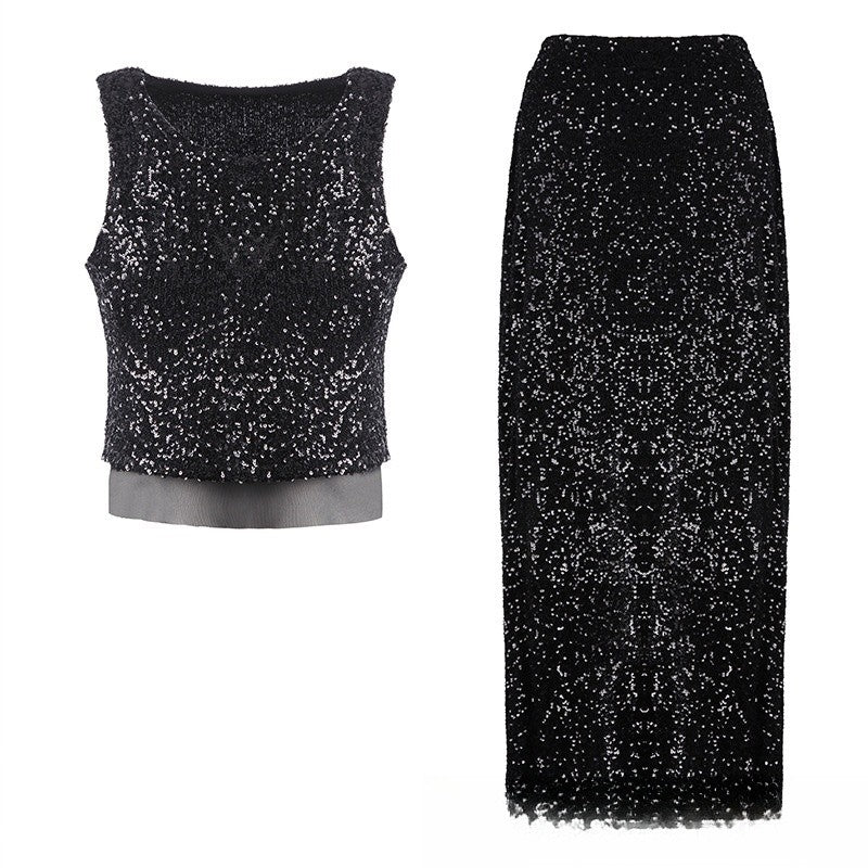 Sequin Embellished Vest and Maxi Skirt Ensemble