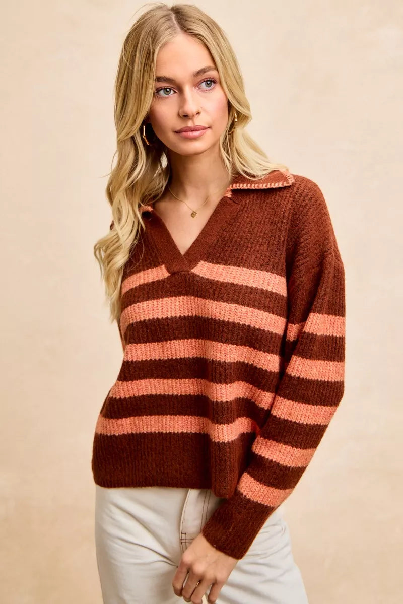 Striped Sweater Top with Collar Stitched Details