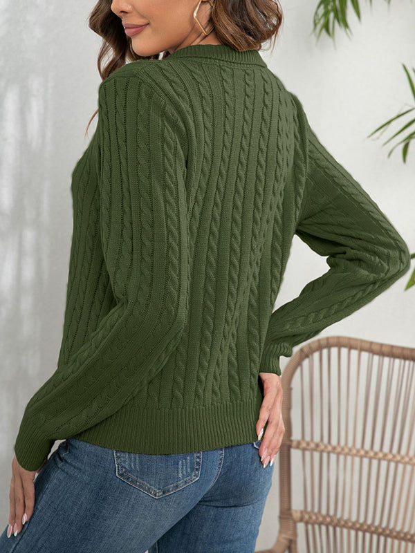 Long Sleeves Loose Solid Color Split-Joint Lapel Sweater Tops