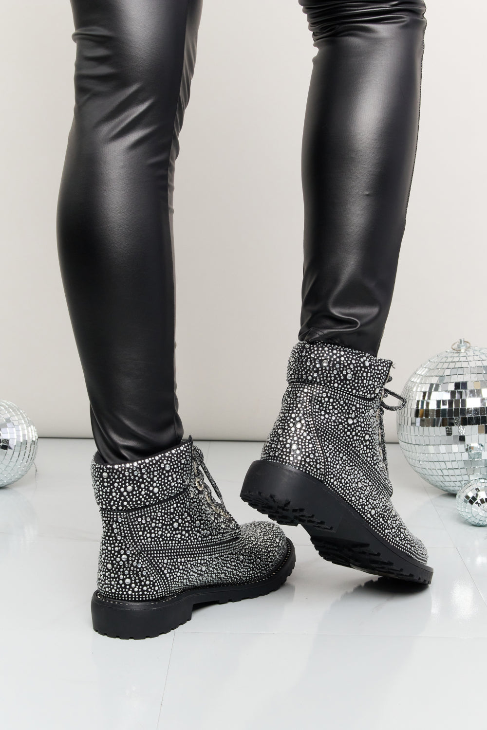 Rhinestone Lace-Up Combat Boots