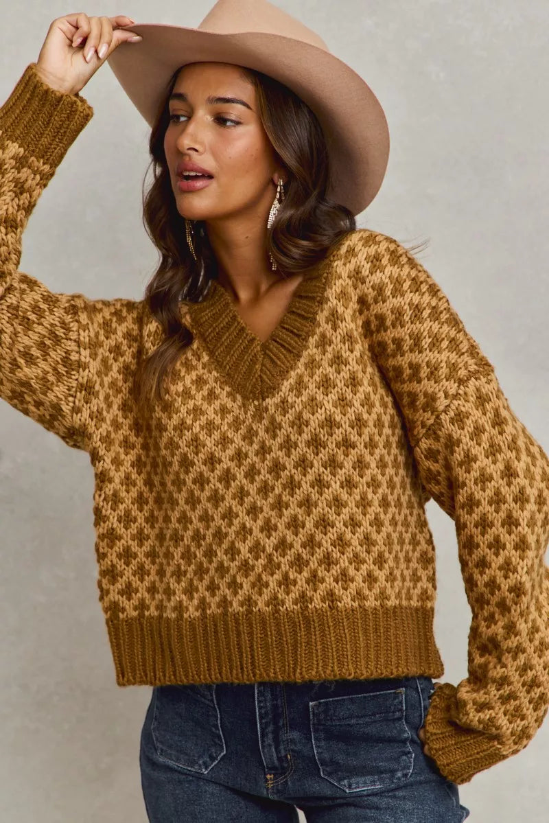 Color Block Textured Christmas Sweater V Neck Top
