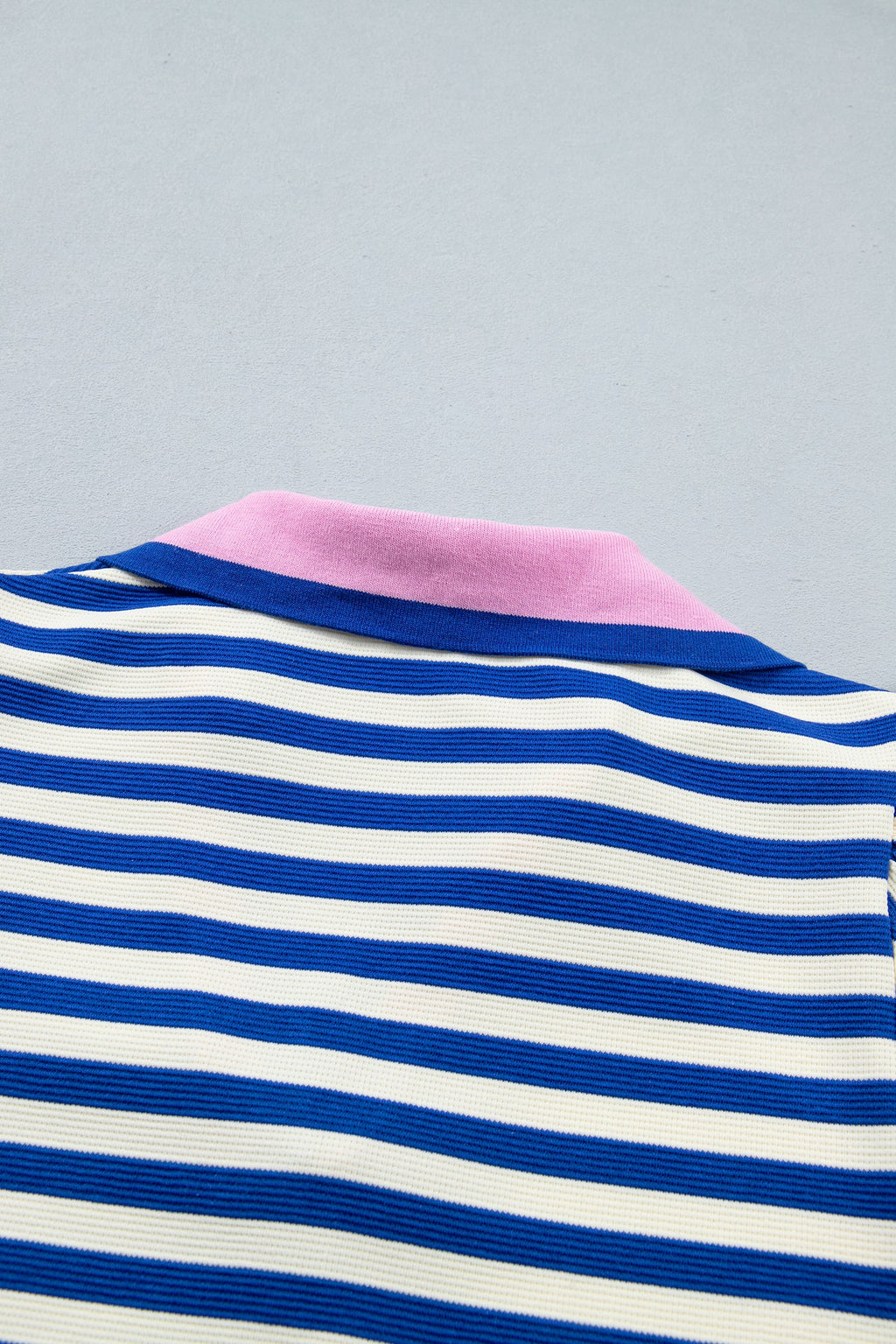 Blue Stripe Contrast Trim Polo Collar Ruffled Short Sleeve Blouse
