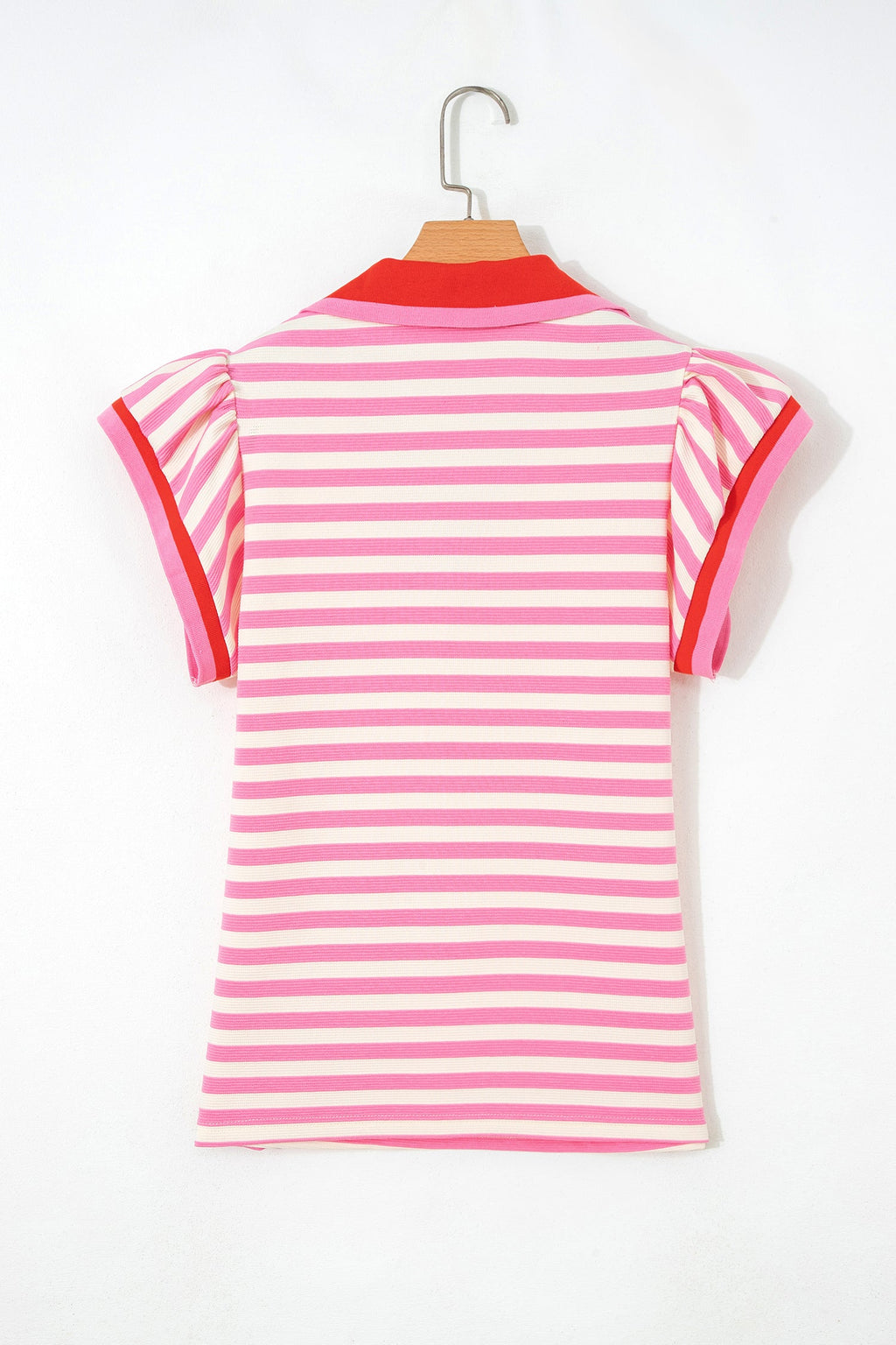 Rose Stripe Contrast Trim Polo Collar Ruffled Short Sleeve Blouse
