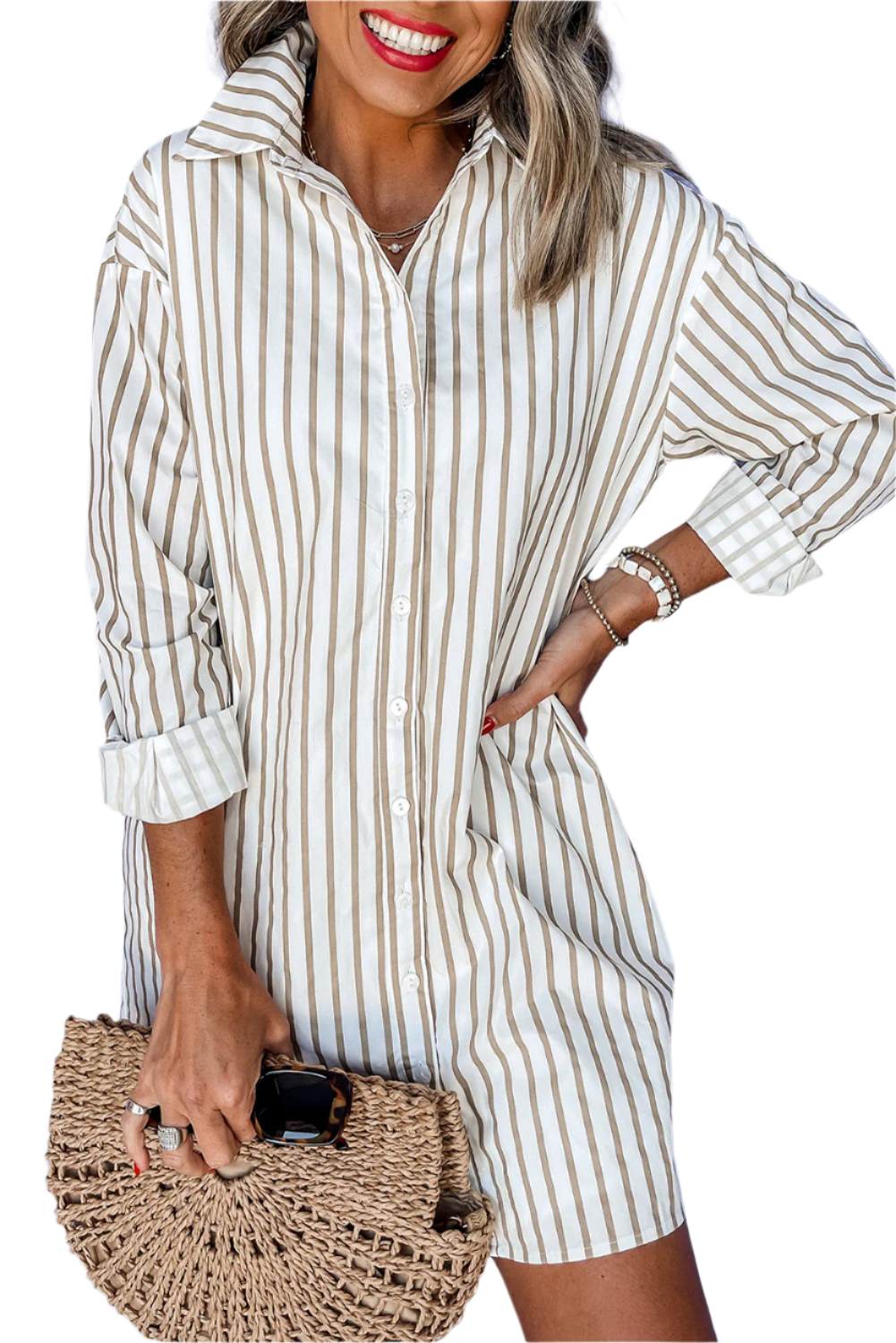 Khaki Stripe Long Sleeve Button Up Mini Shirt Dress
