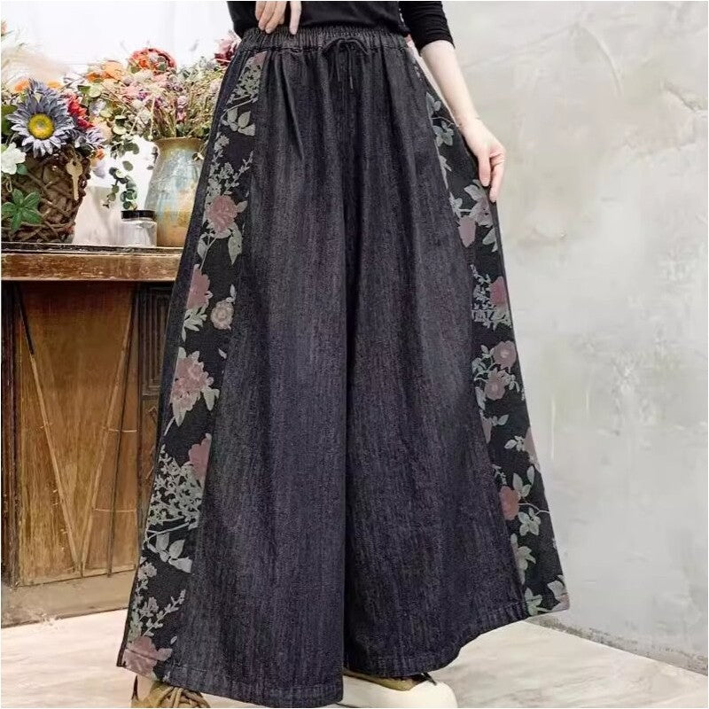 High Waisted Tie-Waist Wide Leg Pants With Floral Print