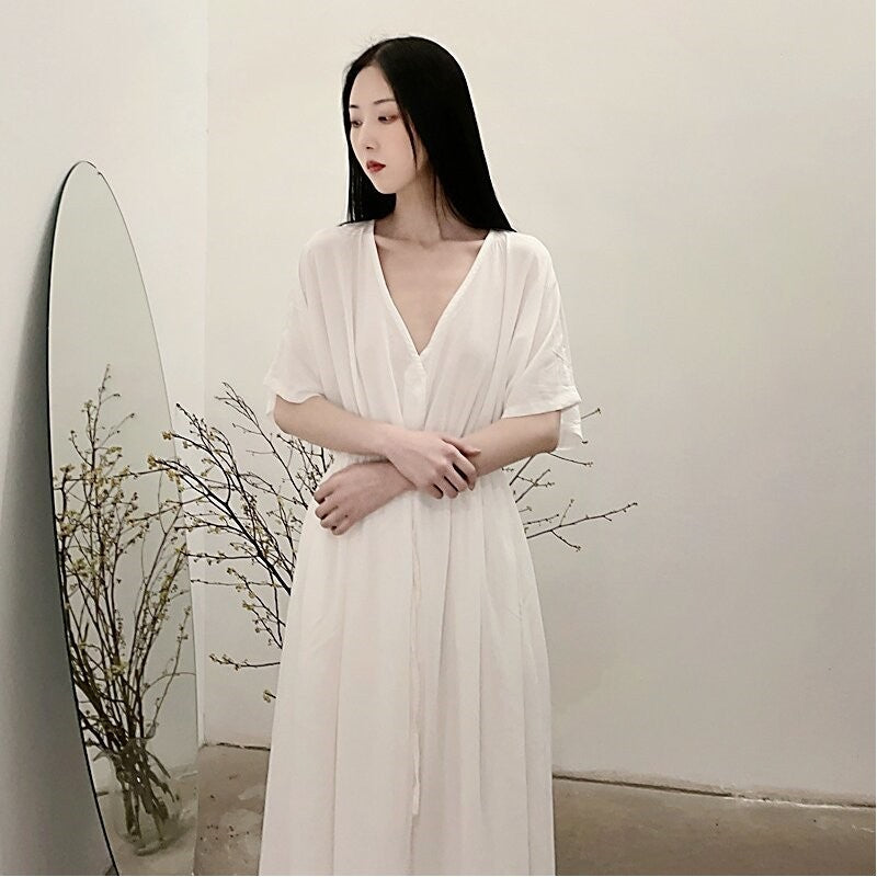 V-Neck Waist-Cinched Slim Fit Dress in Solid Color