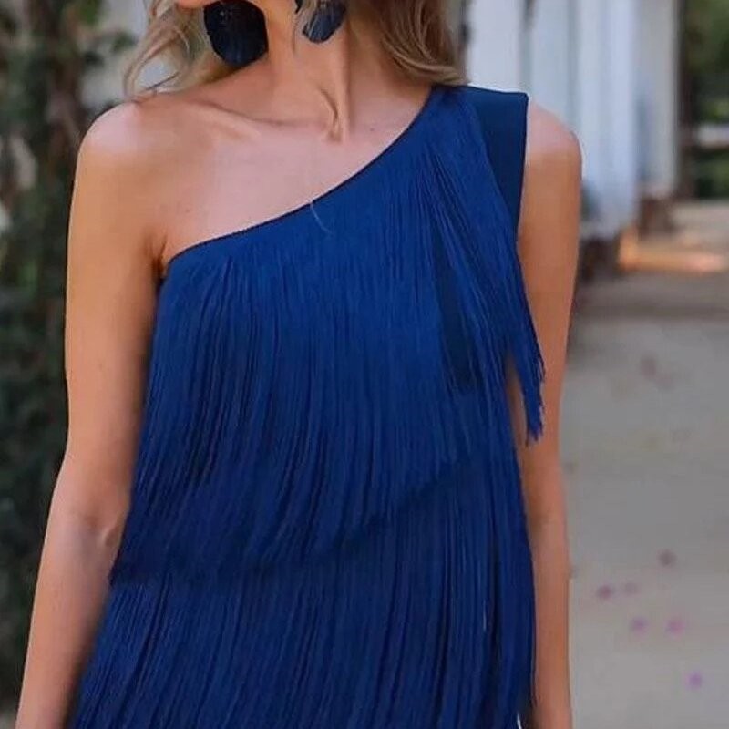 Fringe-Trimmed Asymmetric One-Shoulder Dress
