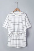 White Stripe Half Sleeve Tee Drawstring Shorts 2pcs Set