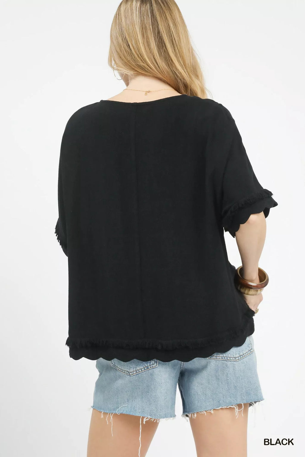 Linen Frayed Hem Scallop Edge Top