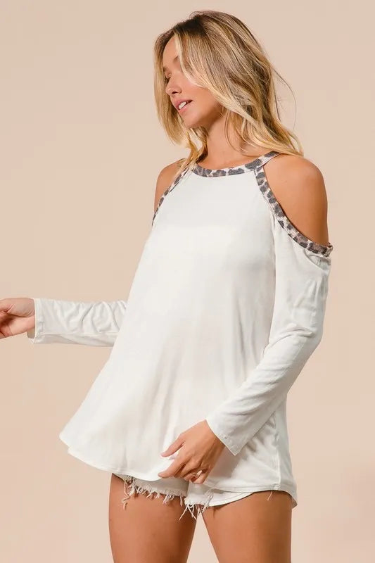 Jersey Knit Cold Shoulder Top with Leopard Neck