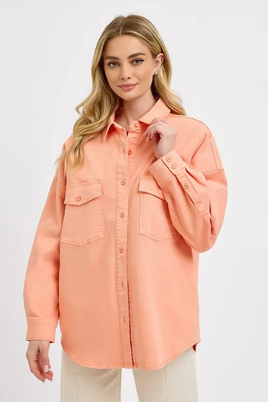Full Size Button Down Long Sleeve Denim Shacket with Chest Pockets Plus Size