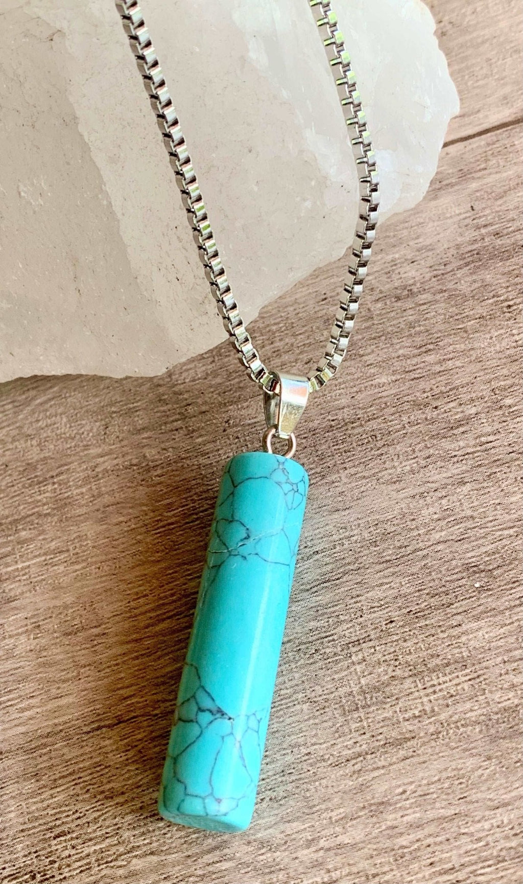 Cassidy Handmade Turquoise Cylinder Pendant on a Stainless Steel Box Chain Necklace