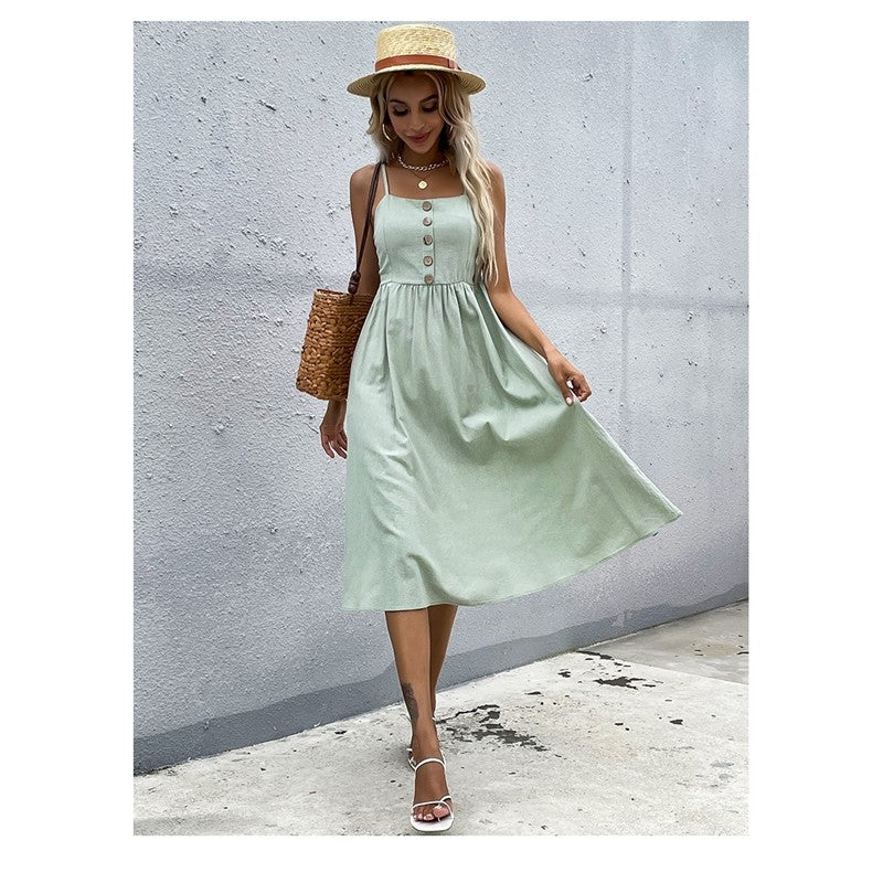 Solid Color Spaghetti Straps Square Neck Sleeveless A-Line Maxi Dress
