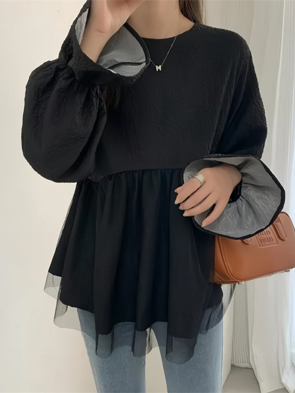 A-Line Flared Sleeves Elasticity Mesh Solid Color Split-Joint Round-Neck Blouses&Shirts Tops