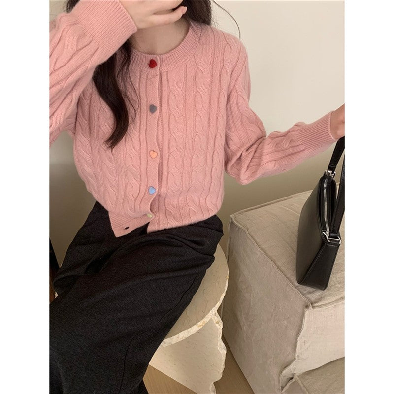 Solid Color Long Sleeve Heart Shaped Buttons Twists Cardigan Sweater
