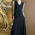 Floral Jacquard Vest and Skirt Ensemble