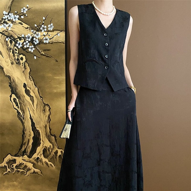 Floral Jacquard Vest and Skirt Ensemble