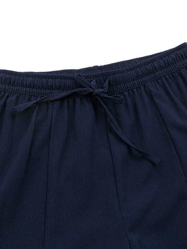 High Waisted Loose Drawstring Elasticity Pleated Solid Color Split-Joint Pants Trousers