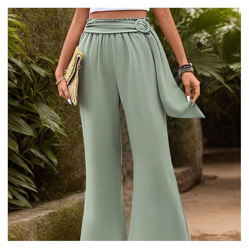 Green Linen Wide-Leg Pants with Adjustable Belt