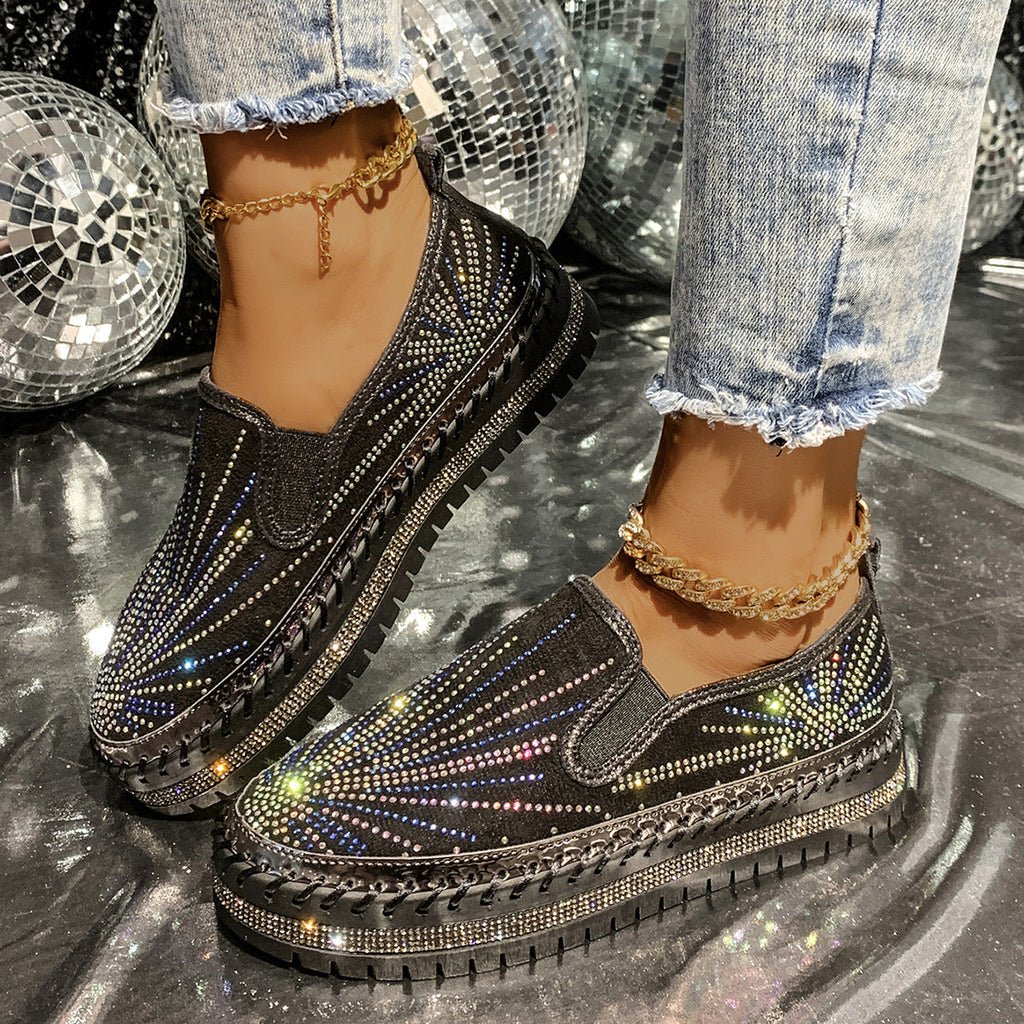 Women's Rhinestone Loafers - Casual Slip-On Dress Shoes with Thick Sole