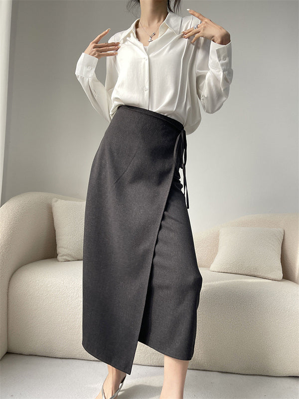 Long Sleeves Loose Pleated Split-Joint Lapel Blouses&Shirts Tops