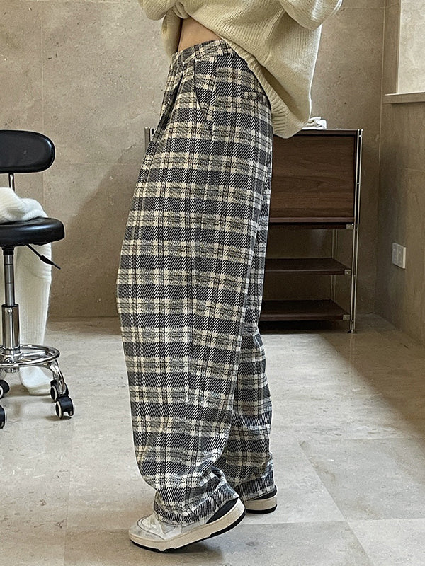 Vintage Wide Leg High-Waisted Pleated Plaid Pants