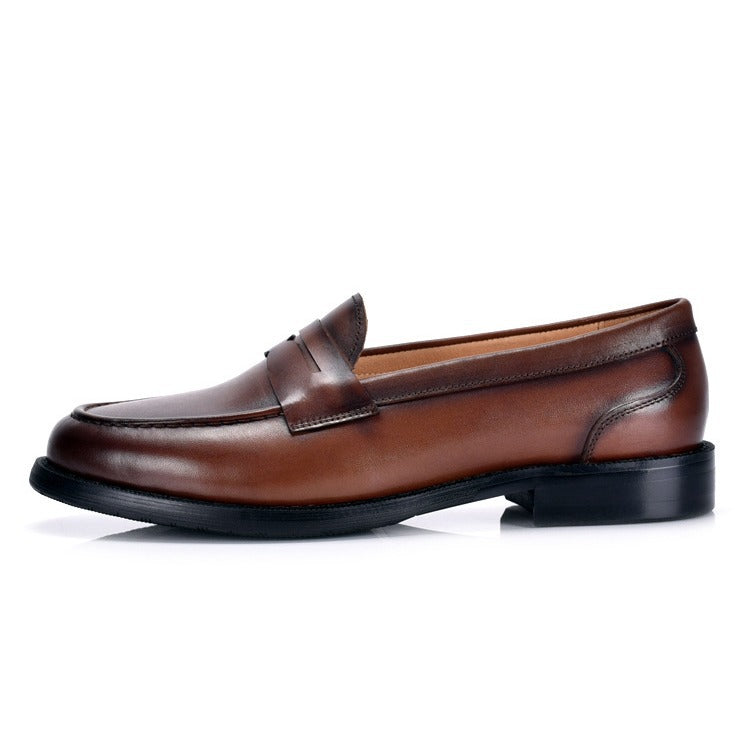 Men's British-Style Vintage Slip-On Loafers – Genuine Cowhide Leather, Round Toe, Low Wedge Heel