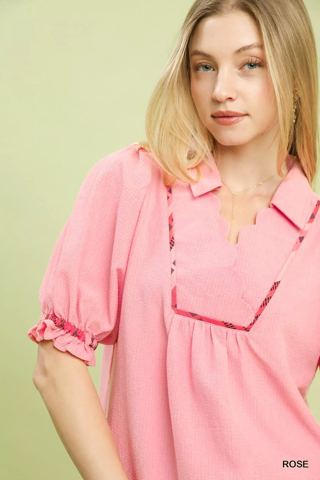Scalloped Trim Blouse with Puff Sleeves