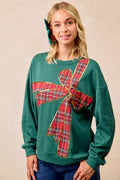 Plaid Ribbon Bow Detail Christmas Fleece Pullover