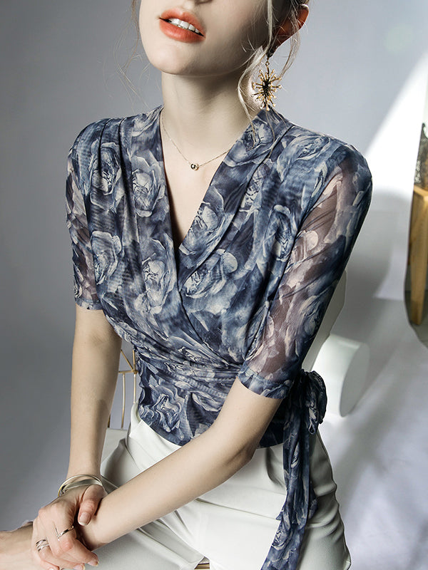 Half Sleeves Plus Size Flower Print Mesh Tied V-Neck Blouses&Shirts Tops