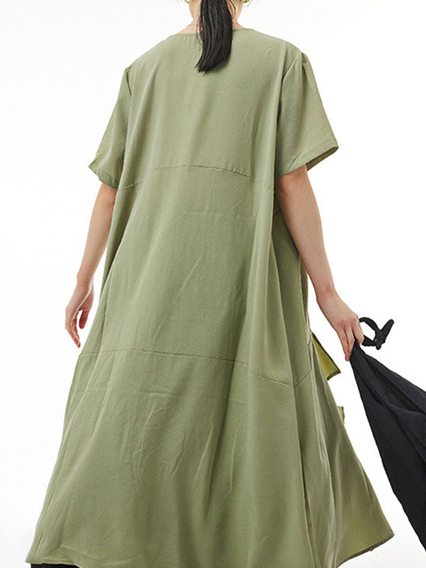 Irregular Clipping Loose Solid Color Round-Neck Midi Dresses