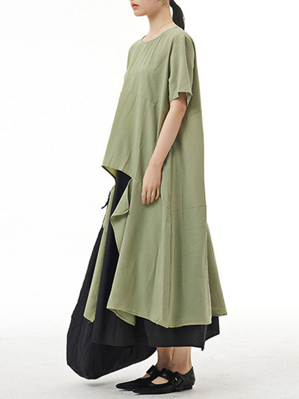 Irregular Clipping Loose Solid Color Round-Neck Midi Dresses
