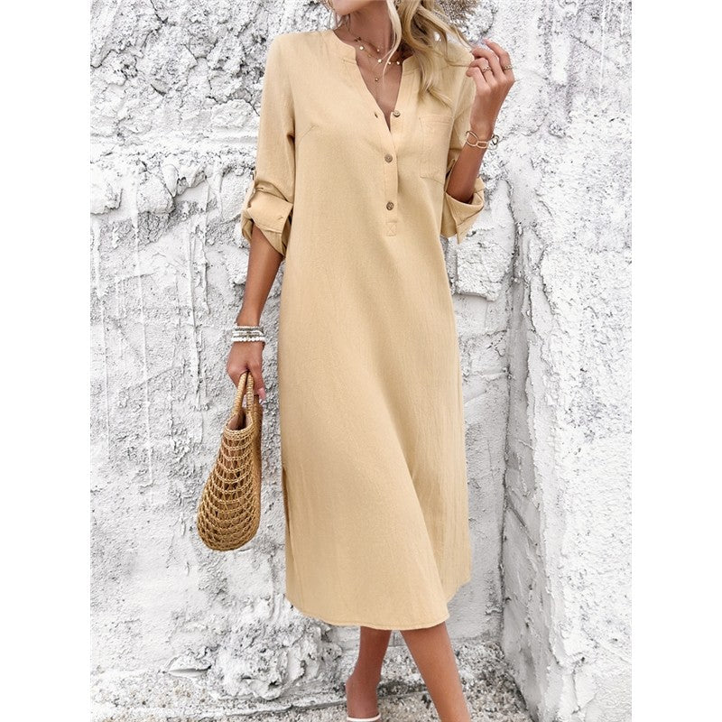 Casual Loose Fit V-Neck Solid Color Long Sleeve Midi Dress