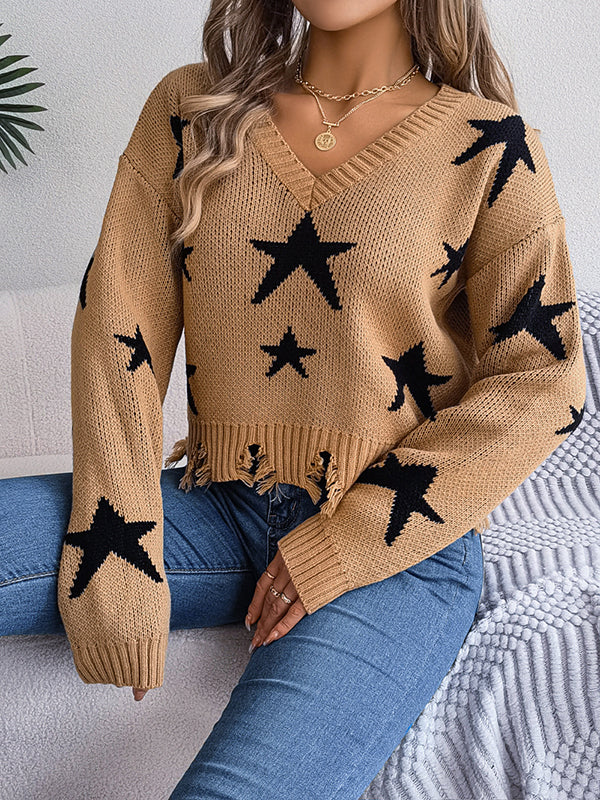 Long Sleeves Loose Contrast Color Fringed Split-Joint V-Neck Sweater Tops