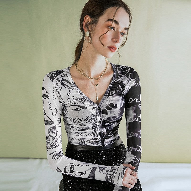 Chic Mesh Printed Top with Bold Contrast Design
