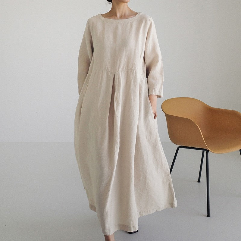 Plus Size Round Neck Solid Color Over-The-Knee Dress