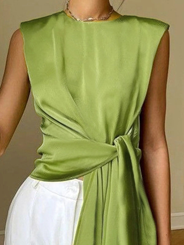 Loose Sleeveless Asymmetric Knot Solid Color Round-neck Vest Top
