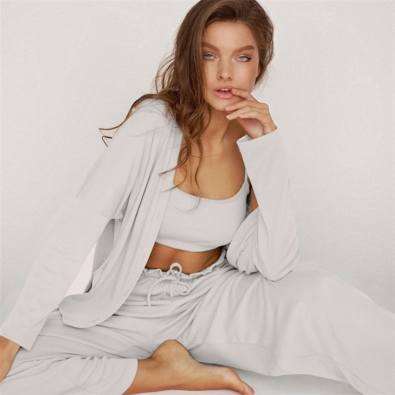 Three-Piece Cozy Home Ensemble - Tank Top, Lounge Pants, Long Robe