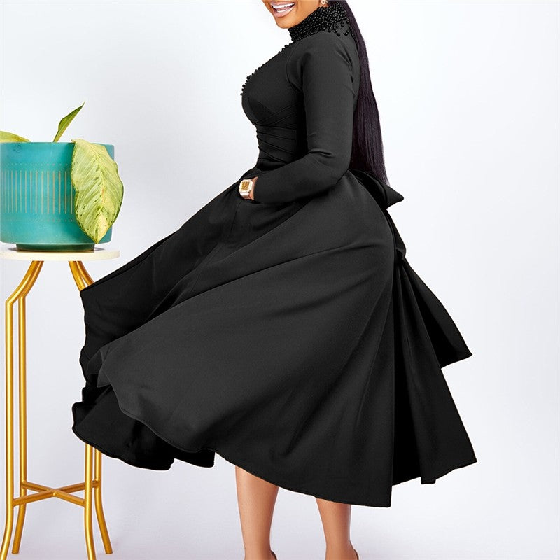 Chic High Neck Beaded Waist Ball Gown Dress for a Flattering Silhouette