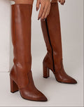 Women's Thigh High Boots – Pointed Toe Chunky Heel Side Zip | Brown & Black | Sizes 34–43