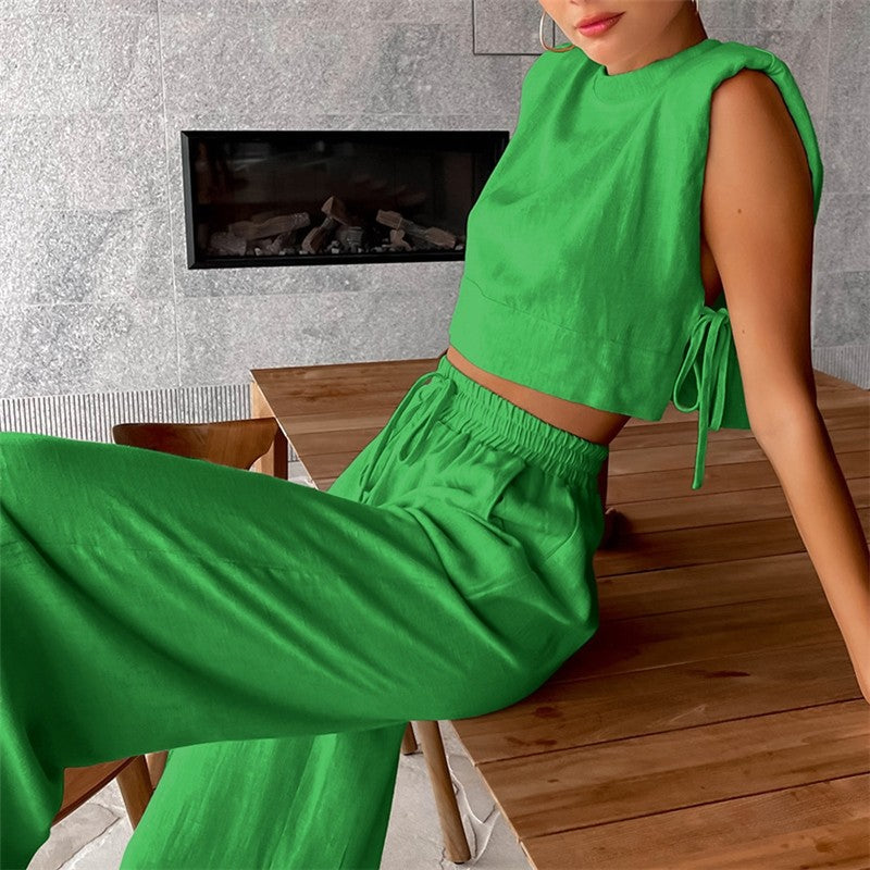 Cotton Linen Sleeveless Vest and Trousers Pajama Set for Women