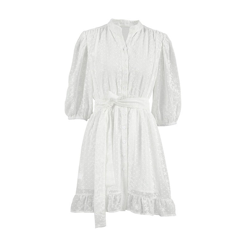 Open-Front Jacquard Perspective Sleep Dress with Five-Point Sleeves