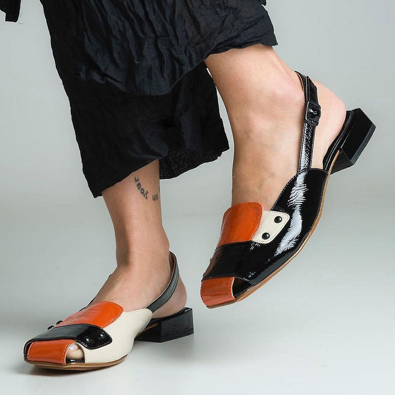 Color-Blocked Buckle Strap Block Heel Sandals